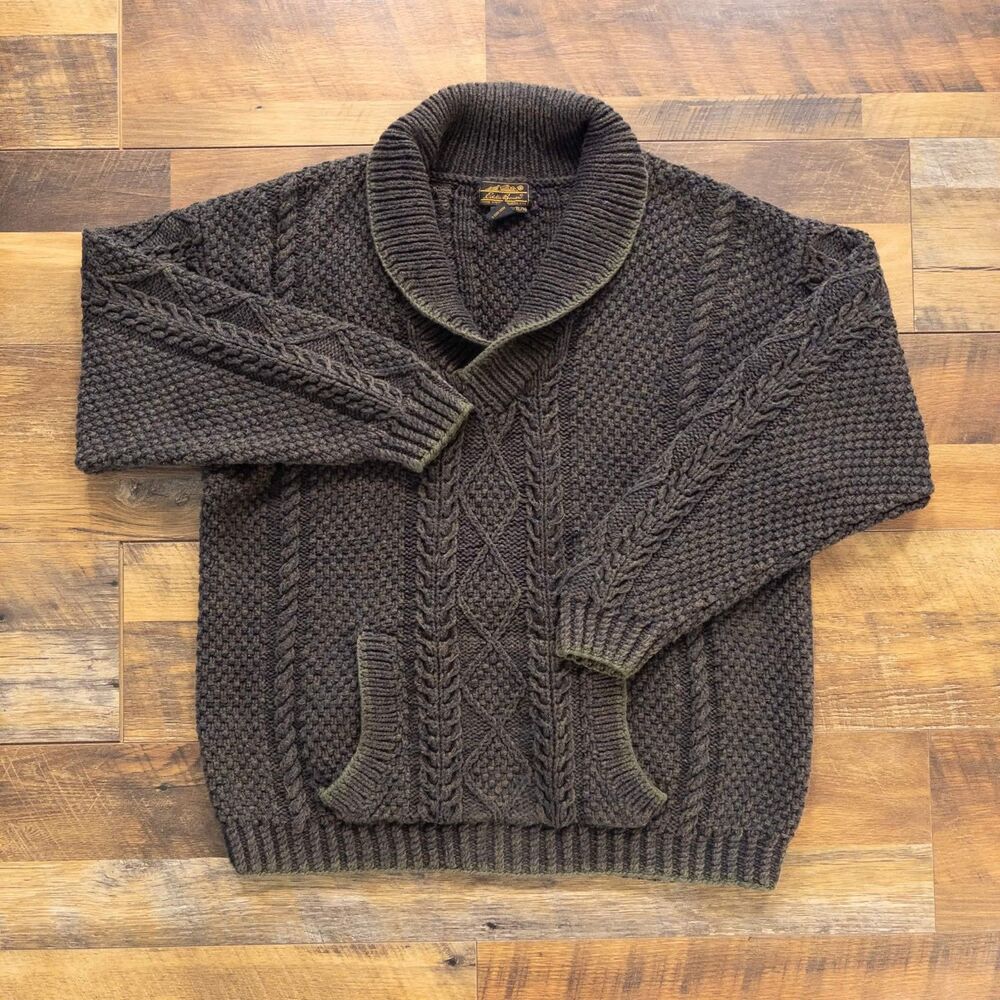 Vintage Eddie Bauer Cable Knit Fisherman Sweater Men XL Brown Olive Shawl Collar
